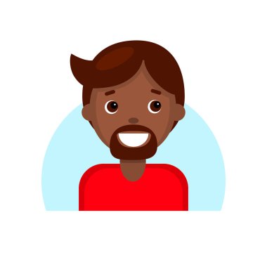 Koyu tenli, kahverengi saçlı bir çocuğun yüzü. Genç gülümseyen bir adamın karikatür portresi. Bir simge için Avatar karakteri, logo, el çizimi basit düz. Stok vektör illüstrasyonu beyaz üzerine izole edildi.