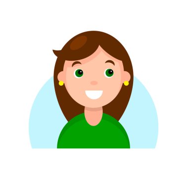 Yeşil gözlü, gülümseyen esmer bir kızın yüzü. Genç bir kadının karikatür portresi. Bir simge için Avatar karakteri, logo, el çizimi basit düz. Stok vektör illüstrasyonu beyaz üzerine izole edildi.