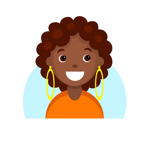 Лицо улыбающейся темнокожей девушки. Карикатурный портрет молодой африканки. Персонаж Аватара для иконы, логотипа, нарисованной вручную простой плоской. Векторная иллюстрация на белом фоне . — стоковый вектор
