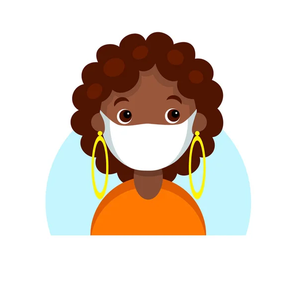 Face of a dark skinned girl in mask. Cartoon portrait of a young african woman. Avatar character for an icon, logo, hand drawn simple flat. Stock vector illustration isolated on white. — Stock Vector