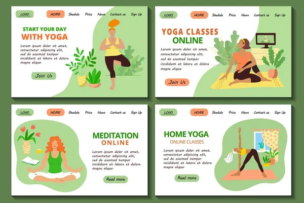 Webseiten Vorlagen Für Online Yoga Und Meditationsseite Nette Mädchen Trainingsanzügen — Stockvektor