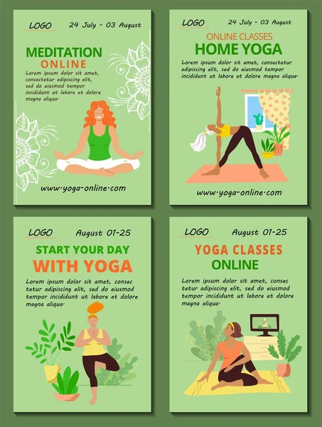 Poster Verticale Set Modelli Online Yoga Home Yoga Meditazione Classi — Vettoriale Stock