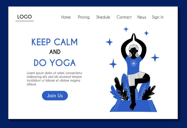 Modello Pagina Web Yoga Meditazione Online Ragazza Sta Facendo Albero — Vettoriale Stock