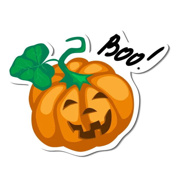 Pomarańczowy Halloween Uśmiechnięta Dynia Ręcznie Napisany Napis Frazę Boo Projekt — Wektor stockowy