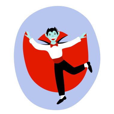 Cadılar Bayramı karnavalı için Dracula kostümlü şirin çocuk. Şeker mi şaka mı? Ürkütücü sivri dişler, saç stili ve vampir pelerini. Beyaz arkaplanda izole edilmiş hisse senedi vektörü düz el çizimi.