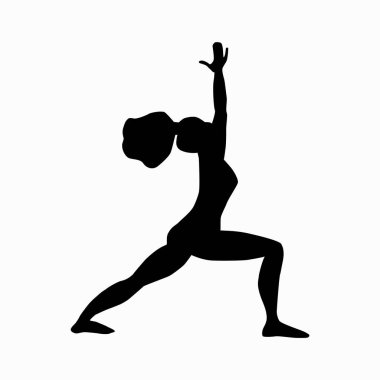 Kız savaşçı pozunda yoga yapıyor. Spor egzersizleri yapan siyah siluet bir kadın, kollar yukarı, sağ bacak bükülmüş, sol bacak gerilmiş. Stok vektör illüstrasyonu beyaz arkaplanda izole edildi.