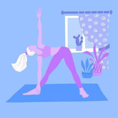 Kız karantina sırasında evde yoga yapıyor. İzolasyon sırasındaki spor ve aktiviteler. Eşofmanlı ince bir sarışın triconasana yapar. Stok vektör eli basit düz illüstrasyon çizdi.