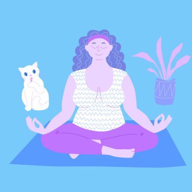 Kilolu kız yoga yapıyor, meditasyon yapıyor. Genç kadın nilüfer çiçekli evde kedi pozisyonunda. Spor ve karantina faaliyetleri. Stok vektörü basit düz illüstrasyon.