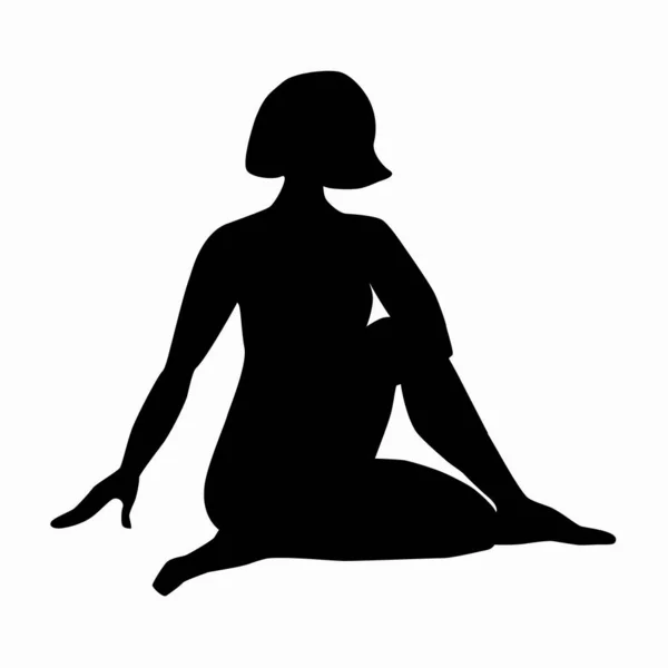 少女は床に座り 片方の足を曲げ 腕を休めている ヨガアサナをしているヘアカットの女性の黒いシルエット 白い背景に隔離されたストックベクトルイラスト — ストックベクタ