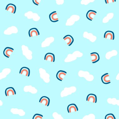 Gökyüzü bulutları ve gökkuşağı pürüzsüz İskandinav tarzı. Çocuklar için Kawaii baskısı tekstil ambalajı ve yapıştırma kitabı kağıdı. Mavi beyaz turuncu açık mavi. Stok vektör eli düz çizim.