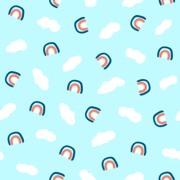 天空云彩和彩虹无缝图案斯堪的纳维亚风格 Kawaii印刷品为儿童纺织品包装和废纸预订 蓝色白色橙色浅蓝色 种群矢量手绘平面图解 — 图库矢量图片
