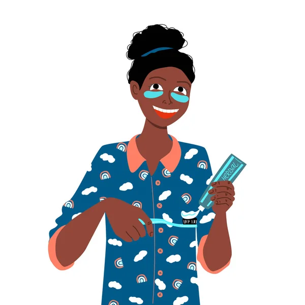 Dagelijkse Tandheelkundige Verzorging Donker Gevild Afro Meisje Pyjama Met Vlekken — Stockvector
