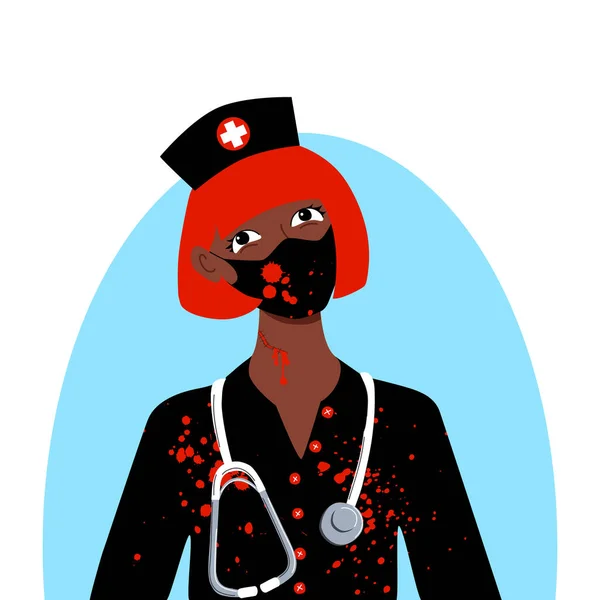 Oscuro de piel afro joven enfermera sangrienta traje de fiesta de Halloween. Sombrero con túnica de estetoscopio cruzado y máscara con manchas de sangre. Avatar de medios sociales. Stock vector plano ilustración aislado. — Archivo Imágenes Vectoriales