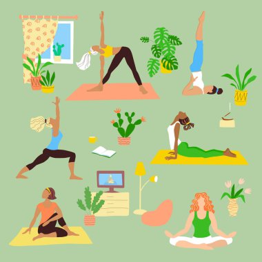 Eşofmanlı kızlar. Evde yoga yapıyorum. Asana yapan genç kadınlar. Mobilya ve ev bitkileriyle iç mekanlar. Karantina ve izolasyon süresince spor ve aktiviteler. Stok vektörü düz.