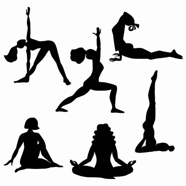 Ragazze che fanno asana. Le donne che fanno esercizi di yoga si rilassa. Set sagome nere. Illustrazione vettoriale stock isolato su bianco. — Vettoriale Stock