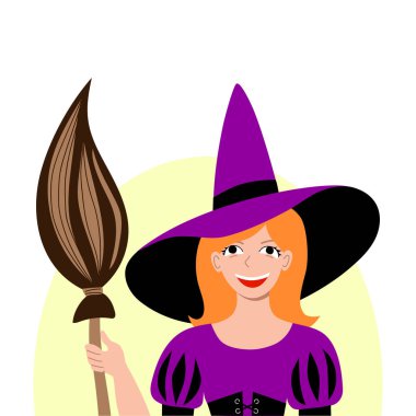 Cadılar bayramı partisi için cadı gibi giyinmiş bir çocuk. Sosyal medya avatarı. Maskeli balo kostümü sihirli şapka ve süpürgeyi işaret ediyordu. Stok vektörü düz el çizimi beyazı izole etti.