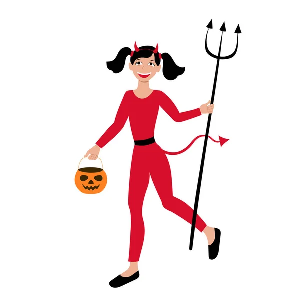 Dziewczyna ubrana jak diabeł i niosąca dyniowe cukierki na Halloween karnawał party. Kostium małego chochlika z rogami i trójzębem. Zdjęcie wektor płaski ilustracja izolowane na białym. — Wektor stockowy