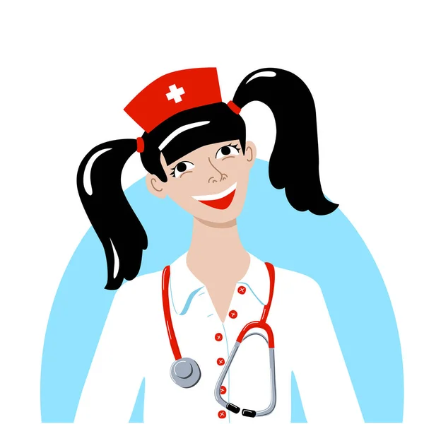 Девушка из Аватара, одетая медсестрой для карнавала. Шапка с крестовым халатом и стетоскопом. Улыбающаяся брюнетка с двумя хвостиками в медицинской форме. Векторная иллюстрация на белом фоне. — стоковый вектор