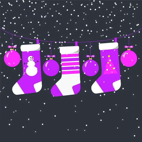 Lila Und Magenta Weihnachtssocken Und Kugeln Hängen Bei Schneefall Einem — Stockvektor