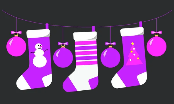 Μωβ Ματζέντα Και Άσπρες Χριστουγεννιάτικες Κάλτσες Και Μπάλες Κρέμονται Μια — Διανυσματικό Αρχείο
