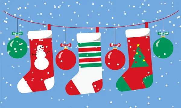 Chaussettes Noël Boules Rouges Vertes Pendent Sur Une Guirlande Avec — Image vectorielle