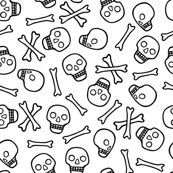 Schädel Und Knochen Nahtlose Muster Schwarz Weißer Handgezeichneter Doodle Hintergrund — Stockvektor