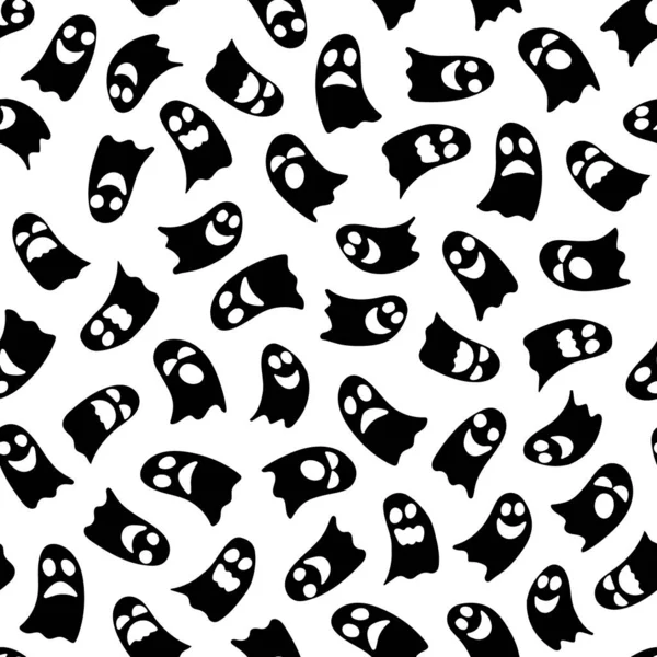 Tatlı çizgi film hayaletleri kusursuz desen. Cadılar Bayramı süsleme albümü için beyaz arka plana siyah ruhlar çizdim. Stok vektörü düz illüstrasyon.