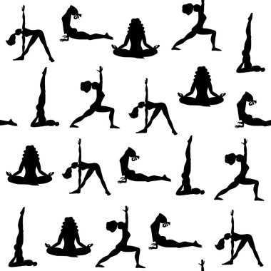 Yoga yapan siyah kız siluetlerinin kusursuz deseni. Paket yapmak için asma yapan kadınlar, yapıştırma kitabı, afiş. Stok vektör illüstrasyonu beyaz arkaplanda izole edildi.