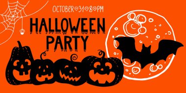 Yatay Cadılar Bayramı Sancak Ağı şablonu. El çizimi gülümseme korkunç balkabağı siyah silueti dolunay yarasa yarasası kan damlalarıyla Cadılar Bayramı partisi. Stok vektör illüstrasyonu.