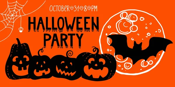 Yatay Cadılar Bayramı Sancak Ağı şablonu. El çizimi gülümseme korkunç balkabağı siyah silueti dolunay yarasa yarasası kan damlalarıyla Cadılar Bayramı partisi. Stok vektör illüstrasyonu.