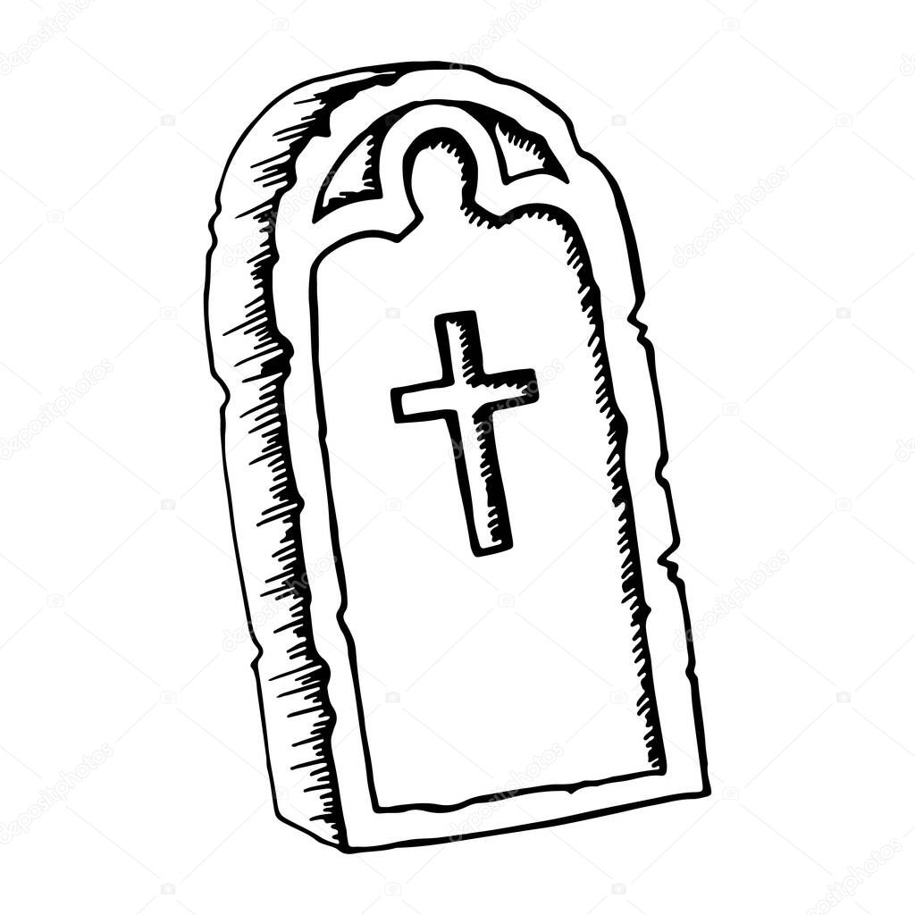 Vintage shabby headstones set. Hand drawn doodle sketch black outline gloomy gravestones for Halloween card banner poster. Stock vector illustration isolated on white background.