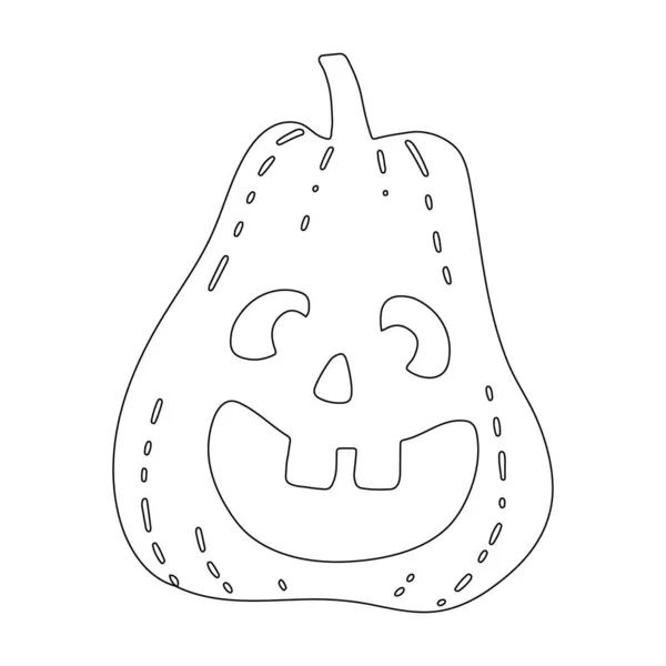 Halloween usměvavá strašidelná dýně. Doodle černý obrys silueta prázdninového symbolu zelenina pro zbarvení pohlednic plakátů. Stock vektor ručně kreslené ilustrace izolované na bílém pozadí — Stockový vektor