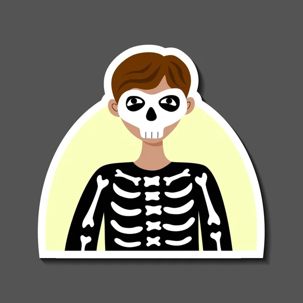 Sticker un enfant en costume squelette d'Halloween. Avatar pour les médias sociaux. Pull noir avec os et masque crâne. Fête masquée carnaval. Illustration vectorielle de stock isolée sur fond blanc — Image vectorielle