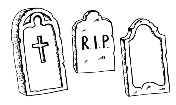 Винтажные потрёпанные надгробия. Ручной рисунок каракули черные очертания мрачных надгробий для плаката на открытке Хэллоуина. Векторная иллюстрация на белом фоне — стоковый вектор