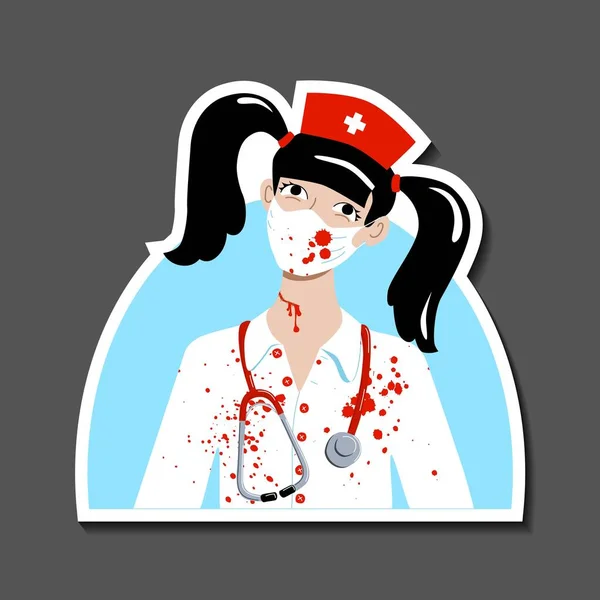 Sticker fille sanglante infirmière costume de fête d'Halloween. Chapeau avec un peignoir en stéthoscope croisé et masque avec des taches de sang. Avatar pour les médias sociaux. Image vectorielle plate isolée sur fond blanc — Image vectorielle