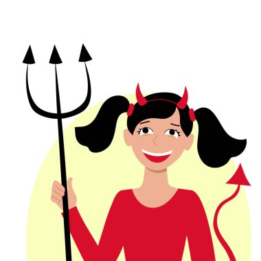 Cadılar Bayramı karnavalı için şeytan gibi giyinmiş bir kız. Boynuzlu ve mızraklı küçük bir şeytan kostümü. Sosyal medya oyunu avatarı. Stok vektör düz illüstrasyonu beyaz arkaplanda izole edildi