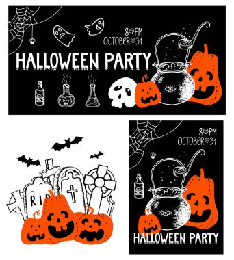 Cadılar Bayramı dikey poster yatay afiş çizimi. Elle çizilmiş balkabağı büyüleri kazan iksiri örümcek ağı mezar taşı haçı üzerinde kan damlaları. Stok vektör illüstrasyonu