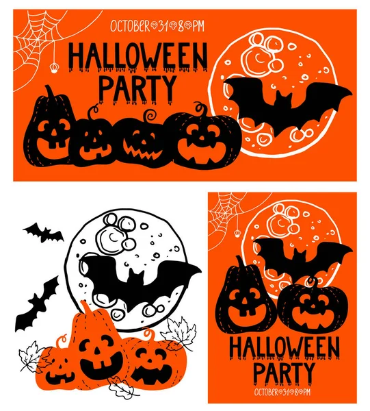 Zestaw Halloween - pionowy plakat pozioma ilustracja baner. Ręcznie rysowane doodle dynia głupiec księżyc nietoperz sylwetka pająk pajęczyna jesień liście literowanie kropli krwi. 31 października. Ilustracja wektora — Wektor stockowy