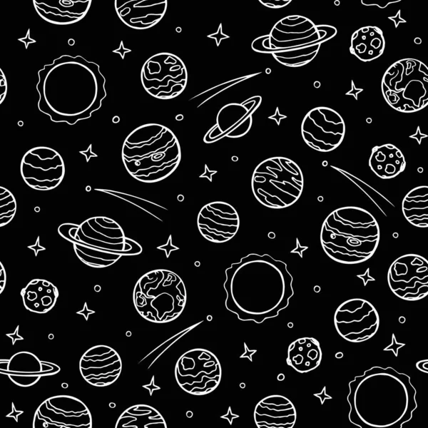 Modèle Sans Couture Cosmos Planètes Étoiles Corps Célestes Système Solaire — Image vectorielle