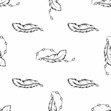 Rastgele sıralanmış tüylerin kusursuz deseni. Pankart tasarımı için el yapımı kuş tüyü, hatıra defteri kağıdı, ambalaj kağıdı. Stok vektör çizimi şeffaf arkaplanda izole edildi.