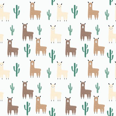 Doğal renklerde kusursuz lama ve kaktüs deseni. İskandinav tarzında basit, düz, şirin hayvanlar ve sulu bitkiler. Beyaz arkaplanda izole edilmiş hisse senedi vektör çizimi.