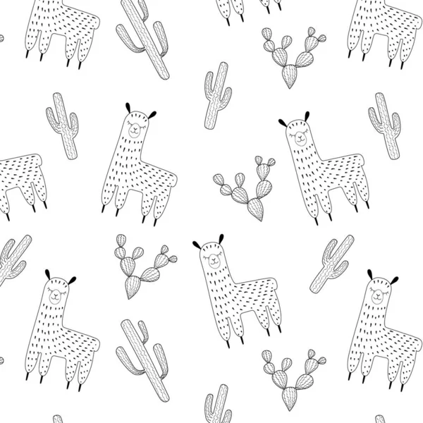 Patrón Sin Costuras Lindas Llamas Cactus Esquema Dibujado Mano Alpacas — Vector de stock