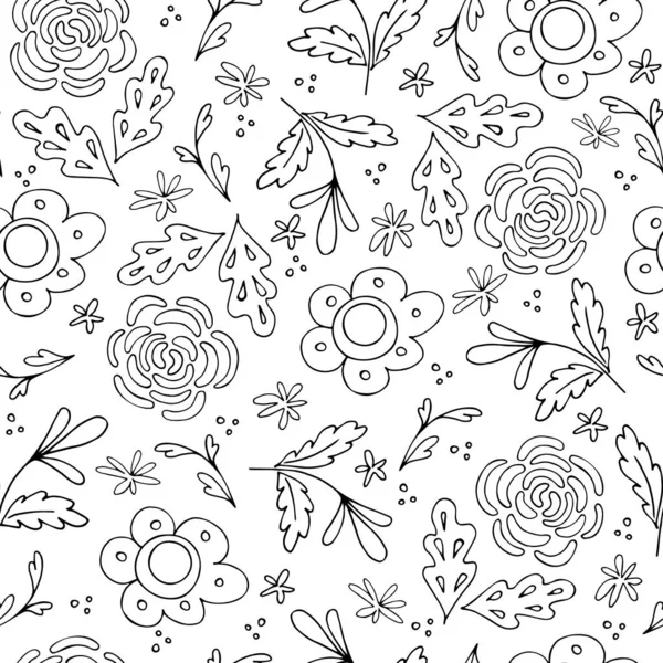 Seamless Pattern Black Outline Flowers Leaves Scandinavian Style Floral Background — Stock Vector