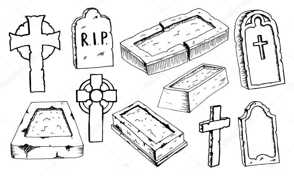 Graves headstones celtic cross hand drawn doodle outline set. Black gloomy sketch gravestone for decoration of halloween card poster invitation. Stock vector illustration isolated on white background.