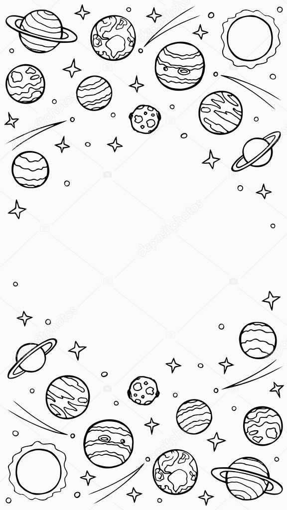 Cosmos template for stories, empty space for text. Hand-drawn doodle stars and planets of the solar system. Vertical format, painted door. Stock vector illustration isolated on transparent background.