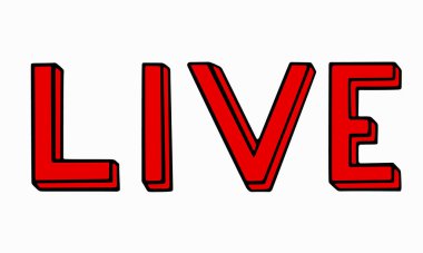 Canlı yayında el çizimi söz. Çevrimiçi konser ve sosyal medya duyurusu için siyah ana hatlı kırmızı harfler. Canlı yayın işareti, amblem, logo. Stok vektör illüstrasyonu beyaz arkaplanda izole edildi.