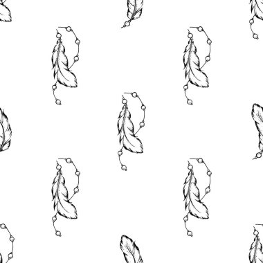 Rastgele sıralanmış tüylerin kusursuz deseni. Pankart tasarımı için el yapımı kuş tüyü, hatıra defteri kağıdı, ambalaj kağıdı. Stok vektör çizimi şeffaf arkaplanda izole edildi.