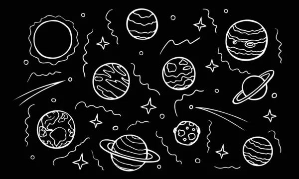 Planètes de galaxie dessinées à la main ensemble doodle. Espace cosmique, art en ligne blanche. Système solaire et corps célestes pour les bannières, la conception des cartes. Illustration vectorielle de stock isolée sur fond noir — Image vectorielle
