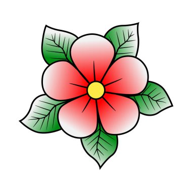 Yeşil yapraklı pembe kiraz çiçeği geleneksel klasik dövme. El Çizimi Kara Taslak Doodle Logo Simgesi. Stok vektör illüstrasyonu beyaz arkaplanda izole edildi.