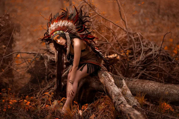 Nativo americano. Mujer india en vestido tradicional — Foto de Stock